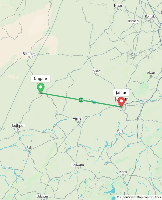 Route map showing distance and travel time from Nagaur, India to Jaipur, India