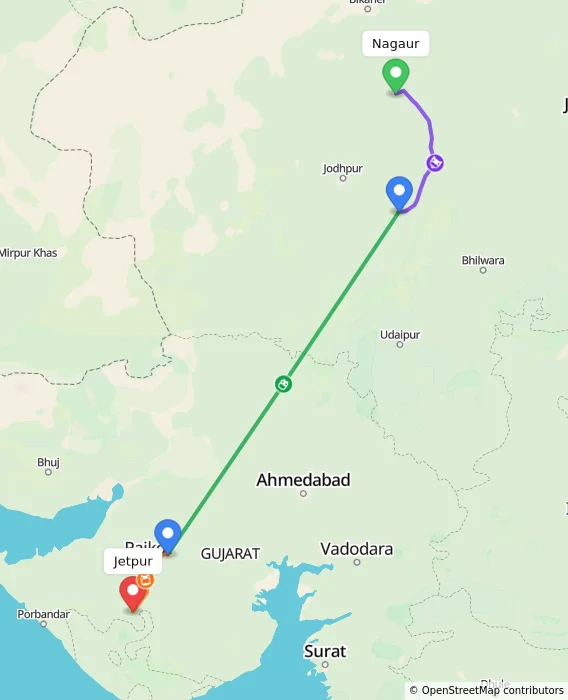 Route map showing distance and travel time from Nagaur, India to Jetpur, India