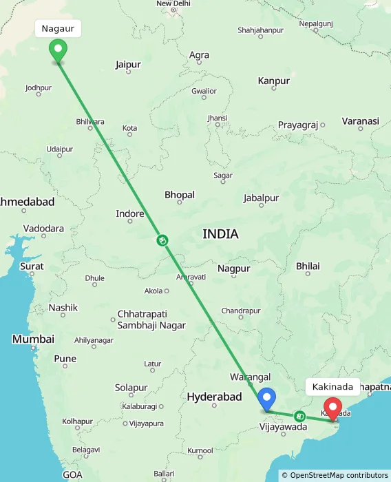 Route map showing distance and travel time from Nagaur, India to Kakinada, India
