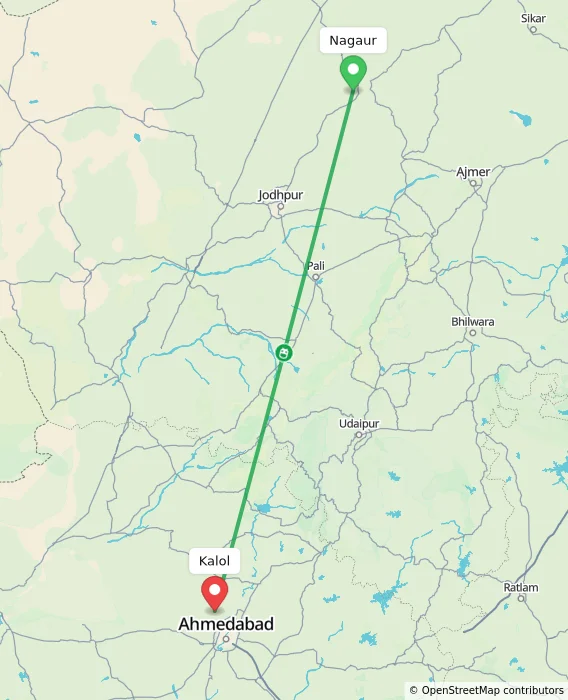 Route map showing distance and travel time from Nagaur, India to Kalol, India