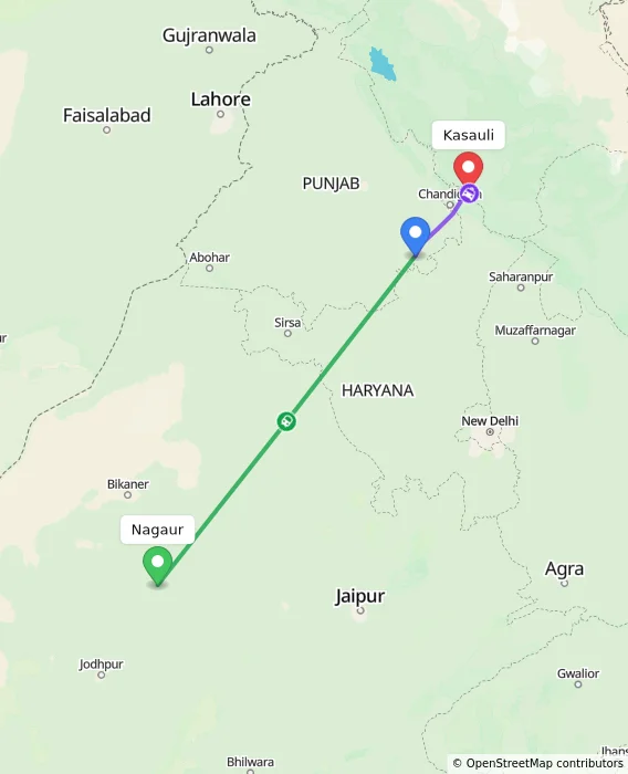 Route map showing distance and travel time from Nagaur, India to Kasauli, India