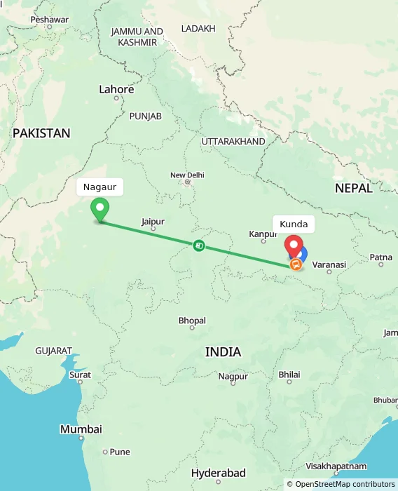Route map showing distance and travel time from Nagaur, India to Kunda, India