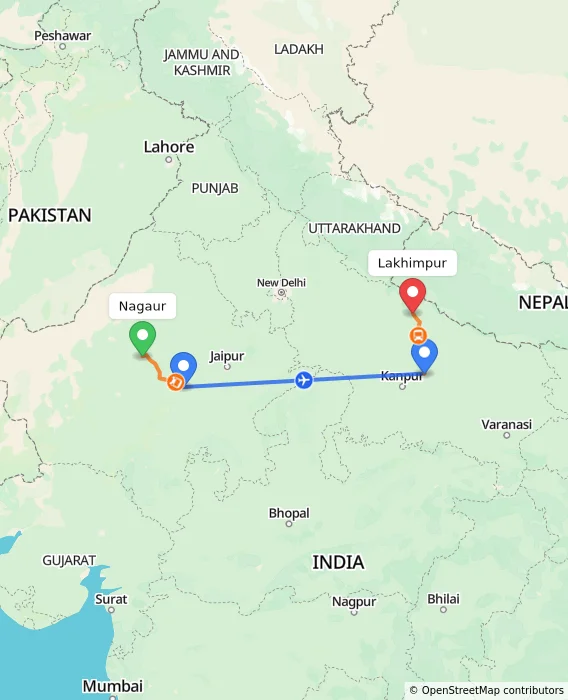 Route map showing distance and travel time from Nagaur, India to Lakhimpur, India