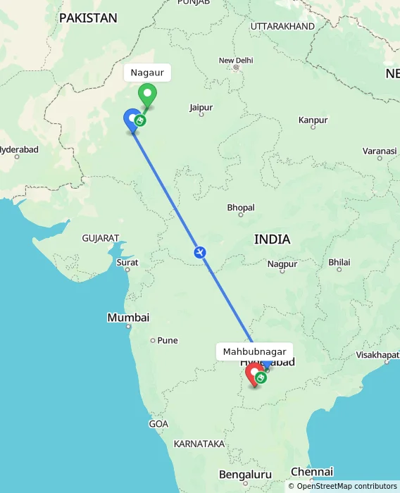 Route map showing distance and travel time from Nagaur, India to Mahbubnagar, India