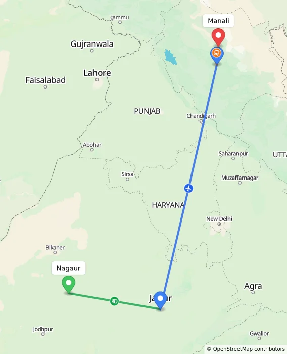 Route map showing distance and travel time from Nagaur, India to Manali, India