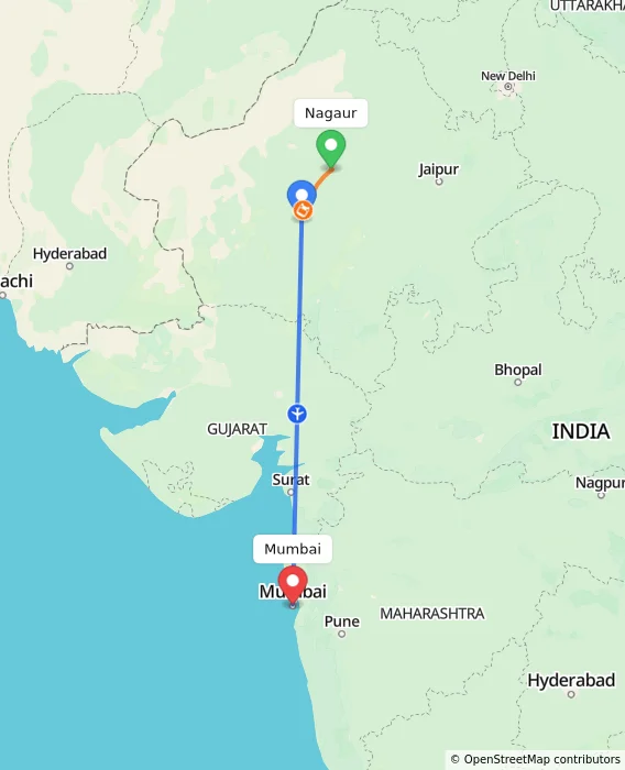 Route map showing distance and travel time from Nagaur, India to Mumbai, India