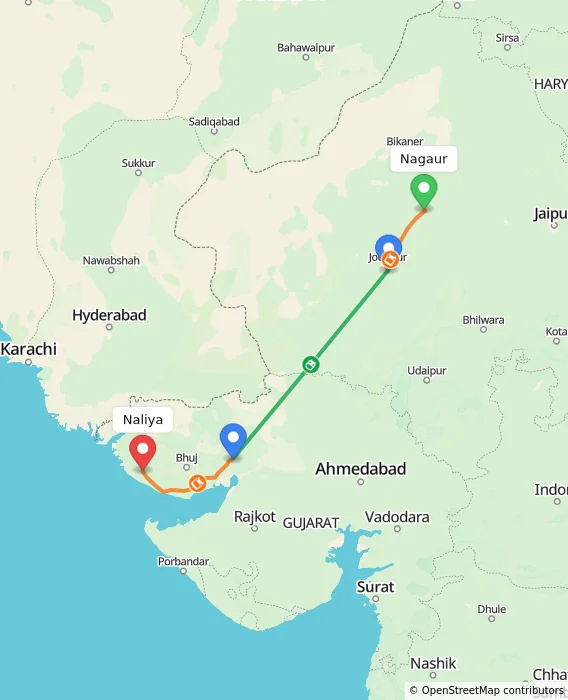 Route map showing distance and travel time from Nagaur, India to Naliya, India