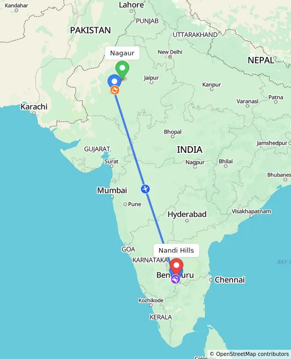 Route map showing distance and travel time from Nagaur, India to Nandi Hills, India