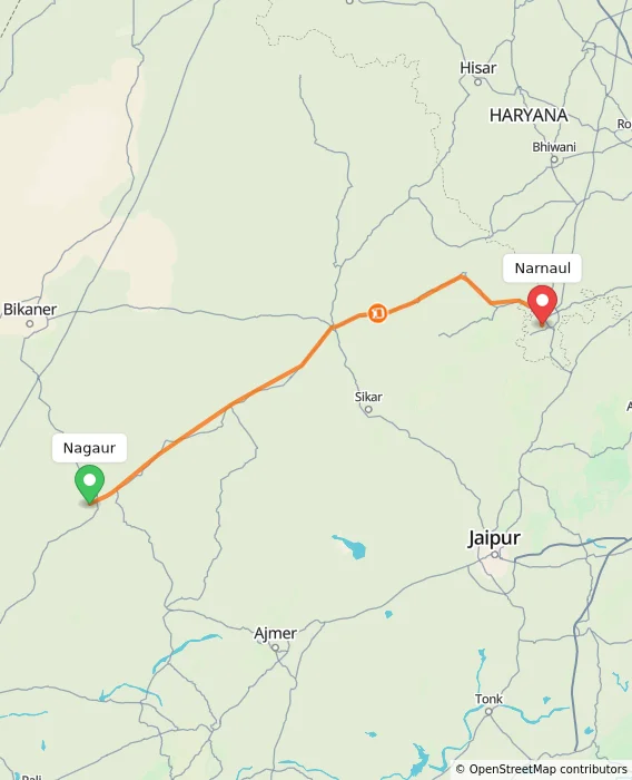 Route map showing distance and travel time from Nagaur, India to Narnaul, India