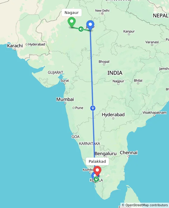 Route map showing distance and travel time from Nagaur, India to Palakkad, India