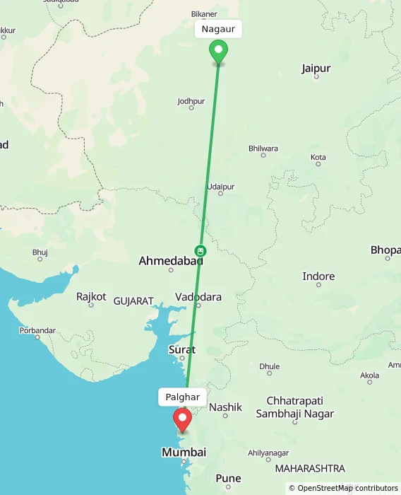 Route map showing distance and travel time from Nagaur, India to Palghar, India
