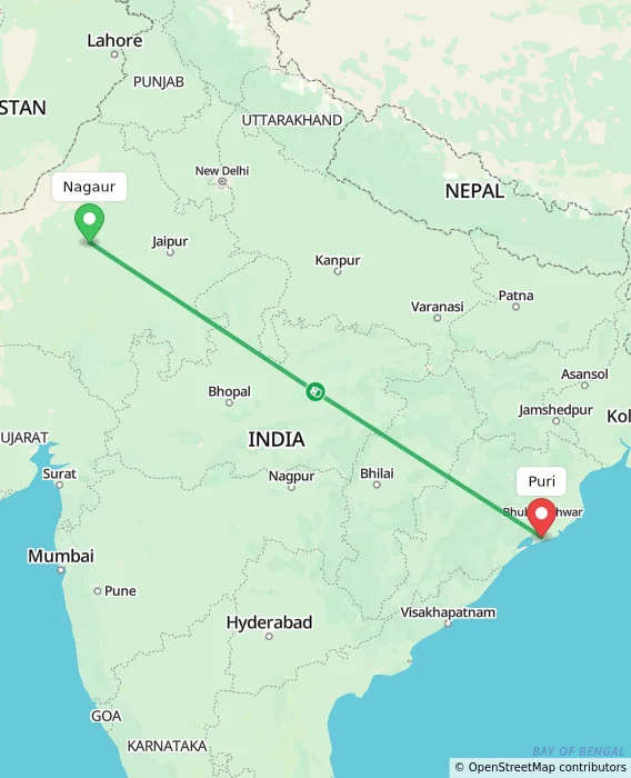 Route map showing distance and travel time from Nagaur, India to Puri, India