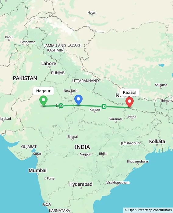 Route map showing distance and travel time from Nagaur, India to Raxaul, India