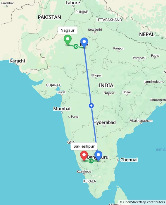 Route map showing distance and travel time from Nagaur, India to Sakleshpur, India