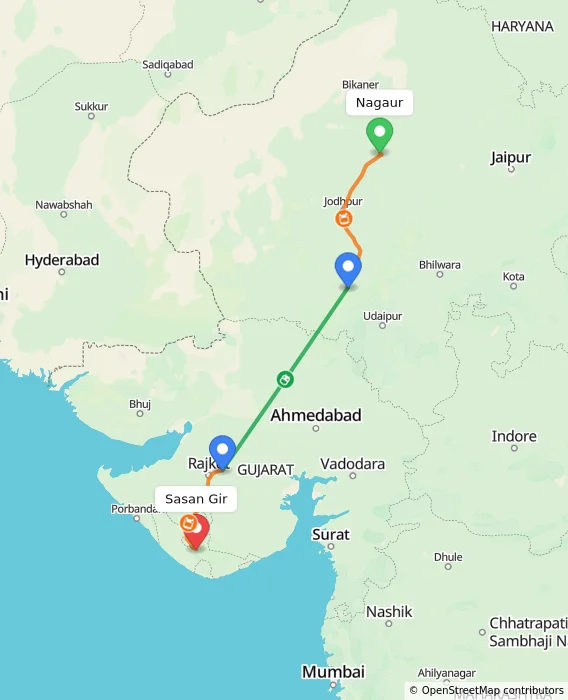 Route map showing distance and travel time from Nagaur, India to Sasan Gir, India
