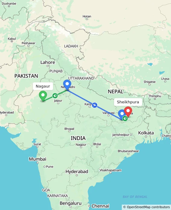 Route map showing distance and travel time from Nagaur, India to Sheikhpura, India