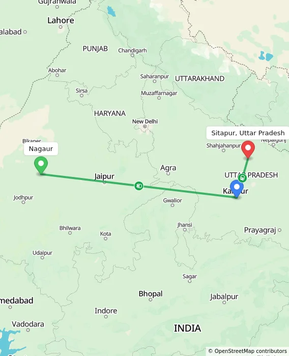 Route map showing distance and travel time from Nagaur, India to Sitapur, Uttar Pradesh, India