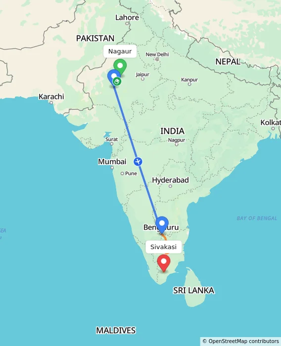 Route map showing distance and travel time from Nagaur, India to Sivakasi, India