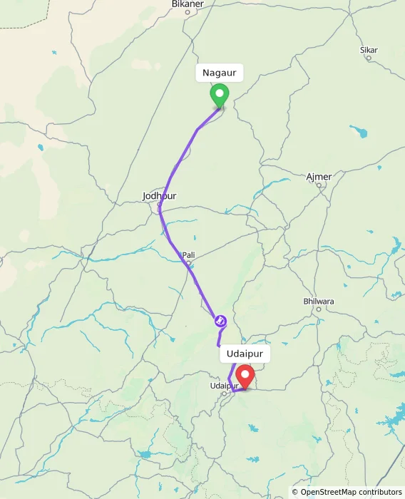 Route map showing distance and travel time from Nagaur, India to Udaipur, India
