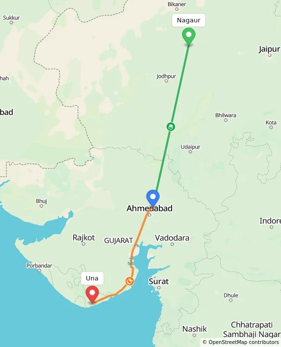 Route map showing distance and travel time from Nagaur, India to Una, India