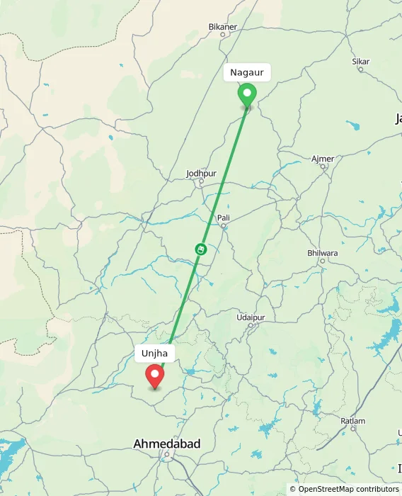 Route map showing distance and travel time from Nagaur, India to Unjha, India