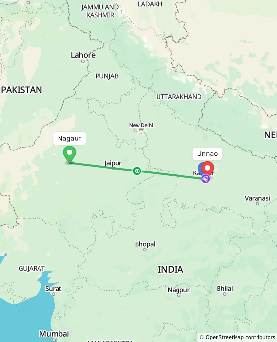 Route map showing distance and travel time from Nagaur, India to Unnao, India