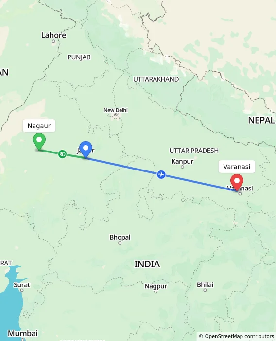 Route map showing distance and travel time from Nagaur, India to Varanasi, India