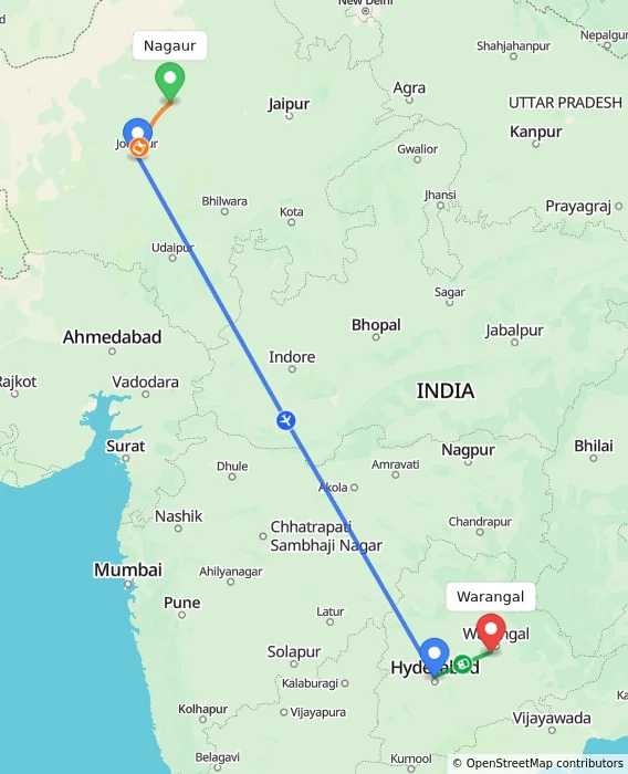 Route map showing distance and travel time from Nagaur, India to Warangal, India