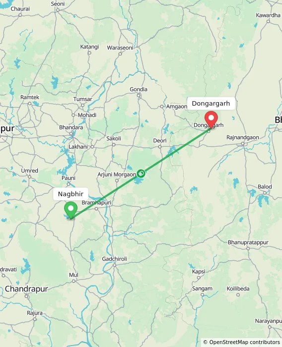 Route map showing distance and travel time from Nagbhir, India to Dongargarh, India