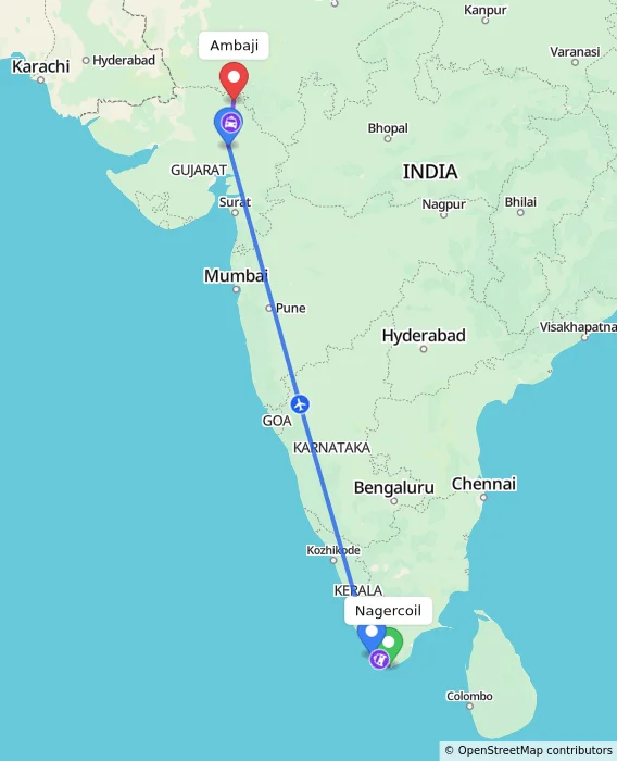 Route map showing distance and travel time from Nagercoil, India to Ambaji, India