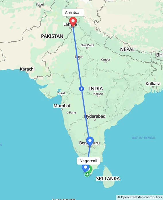 Route map showing distance and travel time from Nagercoil, India to Amritsar, India