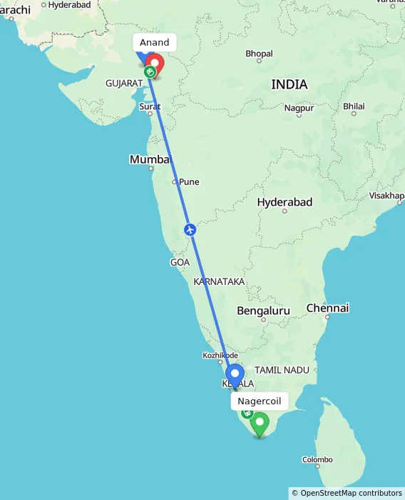Route map showing distance and travel time from Nagercoil, India to Anand, India