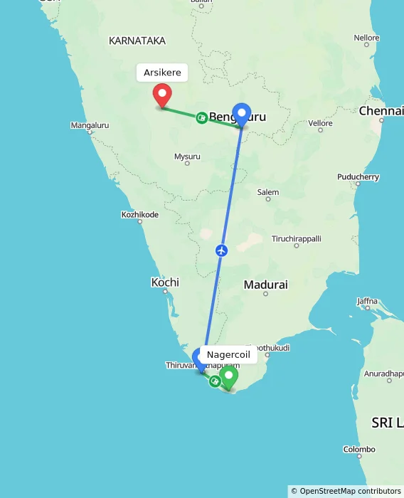 Route map showing distance and travel time from Nagercoil, India to Arsikere, India