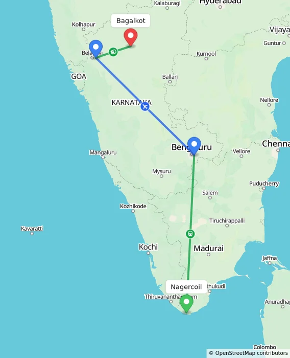 Route map showing distance and travel time from Nagercoil, India to Bagalkot, India
