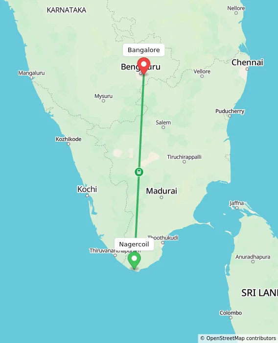 Route map showing distance and travel time from Nagercoil, India to Bangalore, India