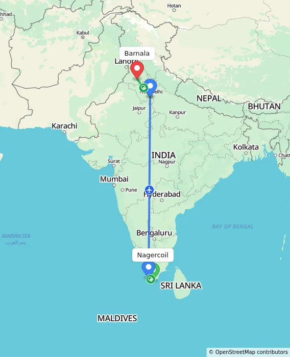 Route map showing distance and travel time from Nagercoil, India to Barnala, India