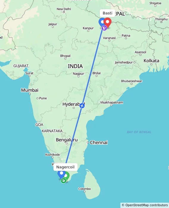 Route map showing distance and travel time from Nagercoil, India to Basti, India
