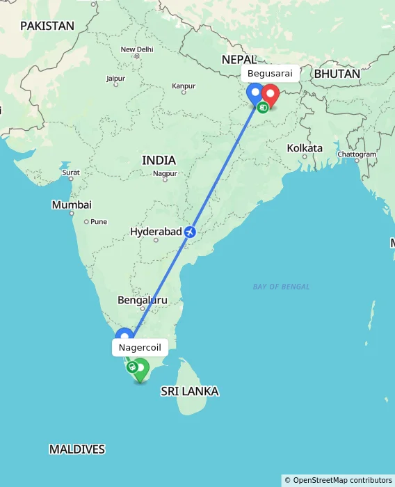 Route map showing distance and travel time from Nagercoil, India to Begusarai, India