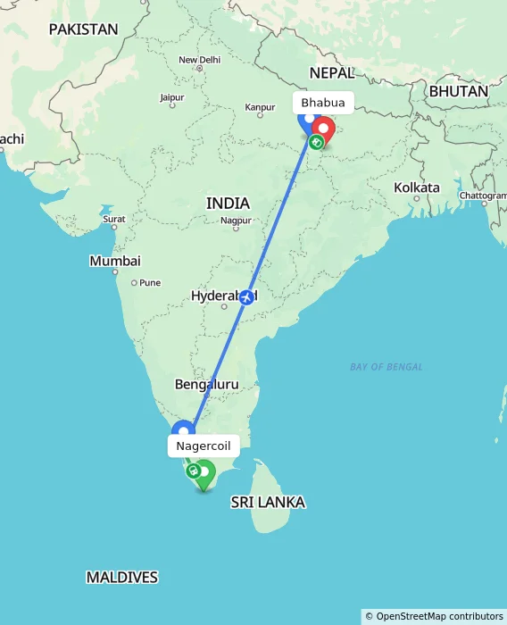 Route map showing distance and travel time from Nagercoil, India to Bhabua, India
