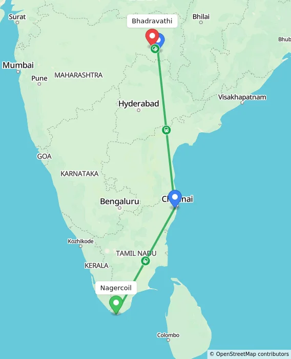 Route map showing distance and travel time from Nagercoil, India to Bhadravathi, India