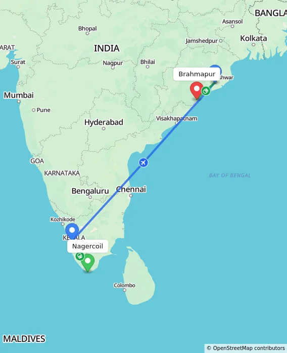 Route map showing distance and travel time from Nagercoil, India to Brahmapur, India