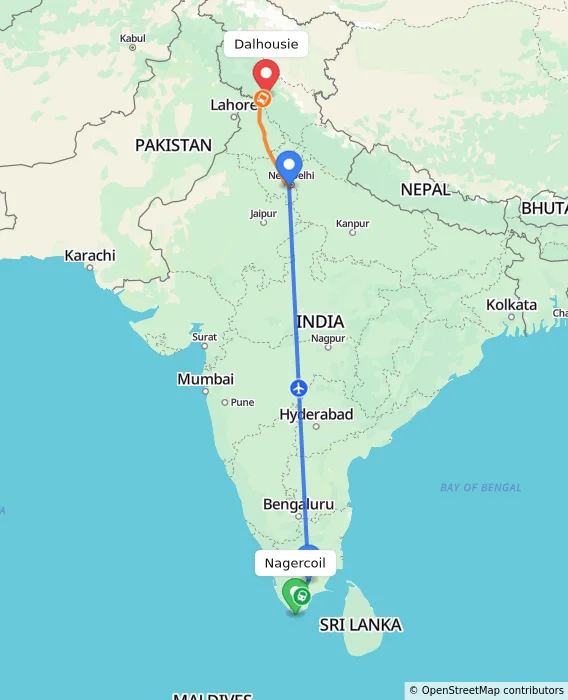 Route map showing distance and travel time from Nagercoil, India to Dalhousie, India