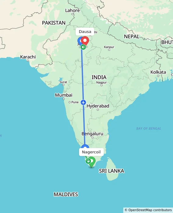 Route map showing distance and travel time from Nagercoil, India to Dausa, India