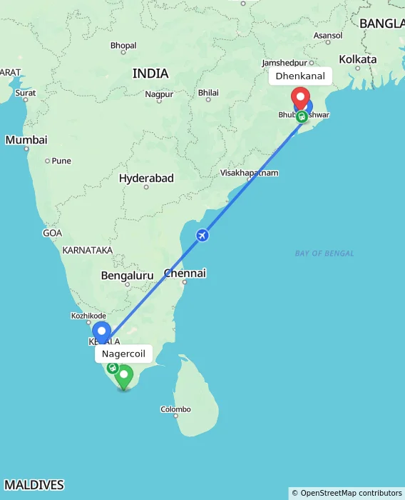 Route map showing distance and travel time from Nagercoil, India to Dhenkanal, India