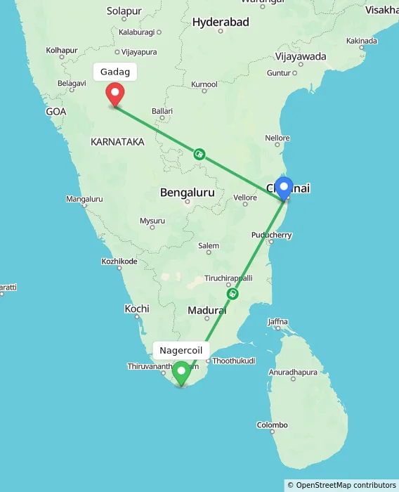 Route map showing distance and travel time from Nagercoil, India to Gadag, India
