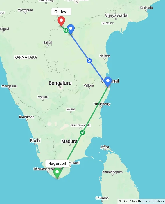 Route map showing distance and travel time from Nagercoil, India to Gadwal, India