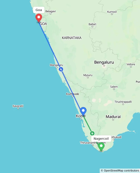 Route map showing distance and travel time from Nagercoil, India to Goa, India