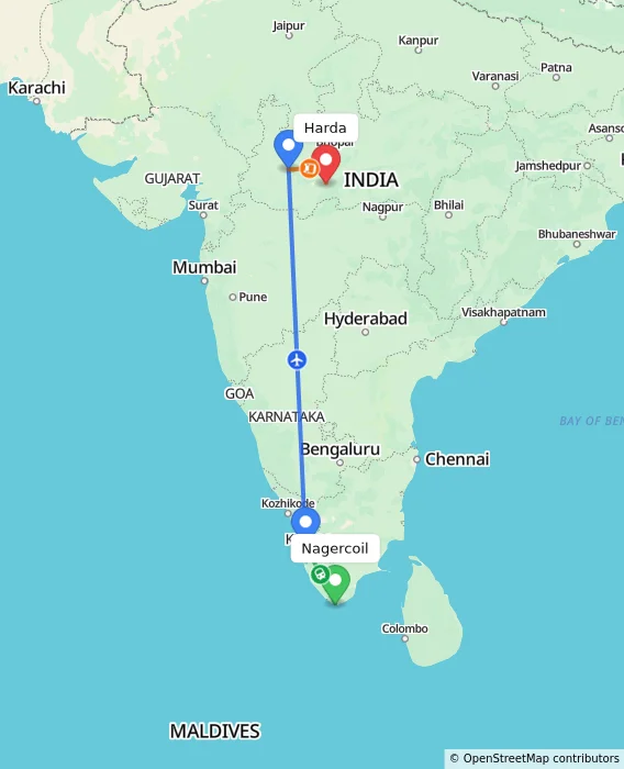 Route map showing distance and travel time from Nagercoil, India to Harda, India