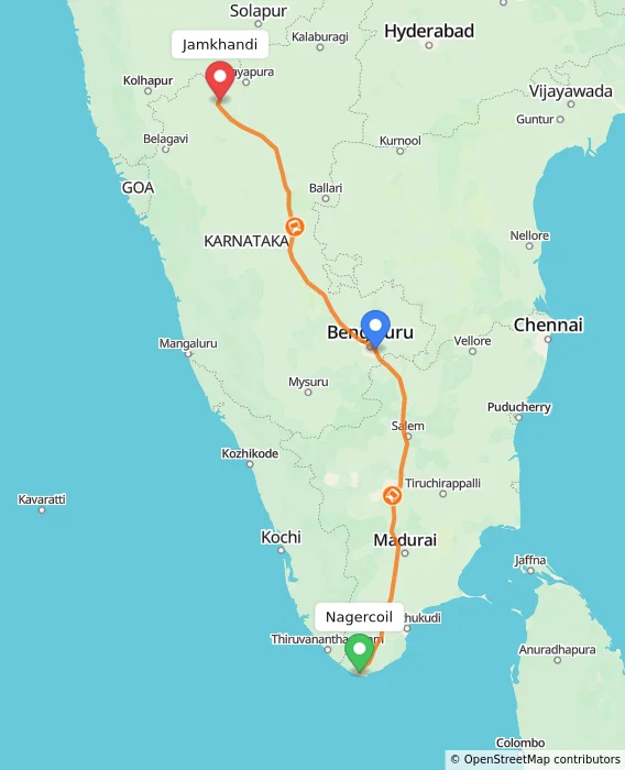Route map showing distance and travel time from Nagercoil, India to Jamkhandi, India