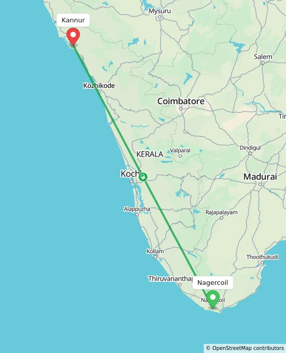 Route map showing distance and travel time from Nagercoil, India to Kannur, India